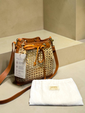 kabayancorner.ch handgewebte Solihiya Beuteltasche aus Rattan mit braunen Lederdetails und Kordelzug